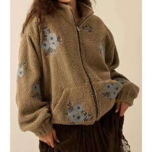 NEW PROMESA warm blossoms floral-embroidered fleece jacket in espresso